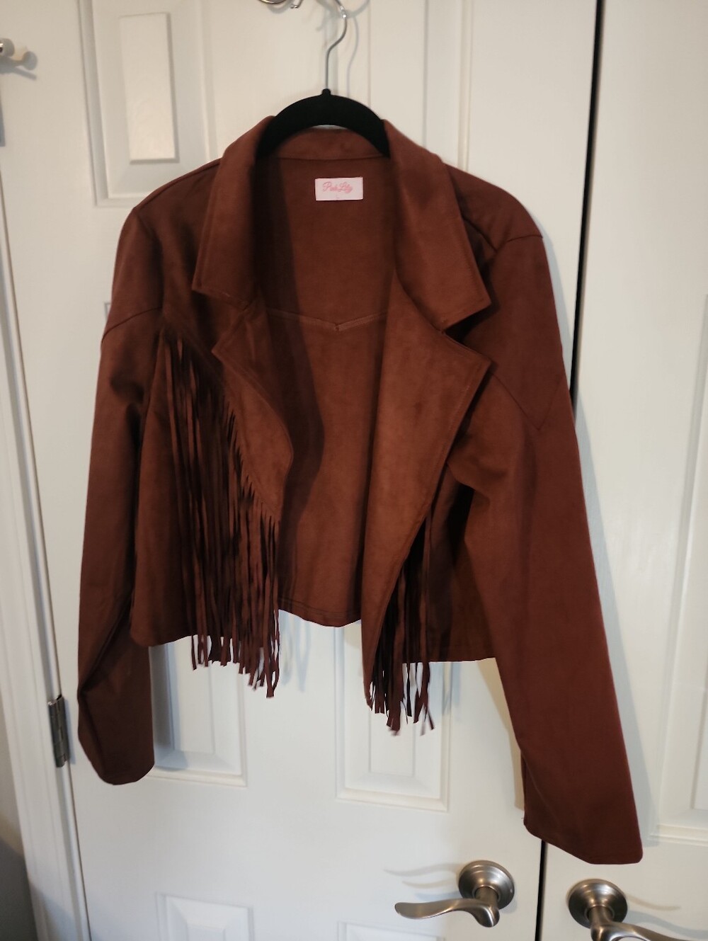 Pink Lily Brown Faux Suede Fringe Cropped Western Moto Jacket